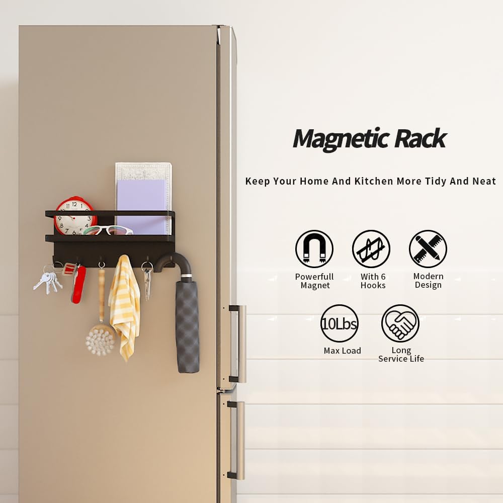 Magnetic Key Holder with Tray and Hooks, Steel Shelf for Keys, Letters, Coats, Office or Kitchen Use (Black, Medium)