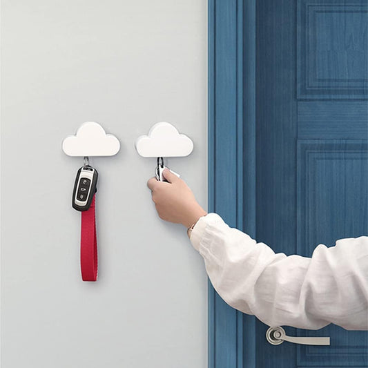 2 Pack Adhesive Key Hanger Organizer Magnetic Key Holders White Cloud Key Ring Keychains Hooks Racks 4 Strong Magnets Decorative Wall Mount Holder Fridge Magnets Wall Door Entryway Kitchen