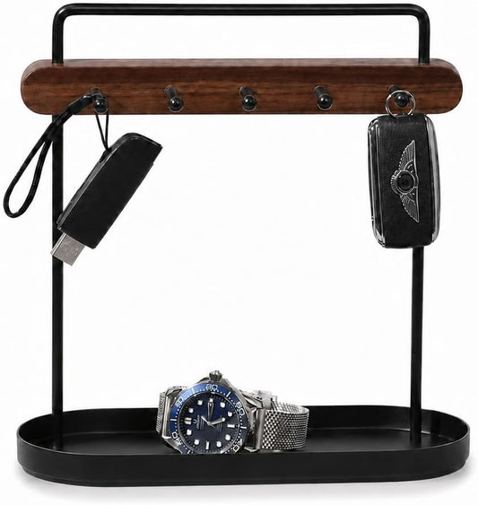 Shinpuru Key Holder Tray, Metal Stand, Walnut Wood Bar with 5 Hooks, Small