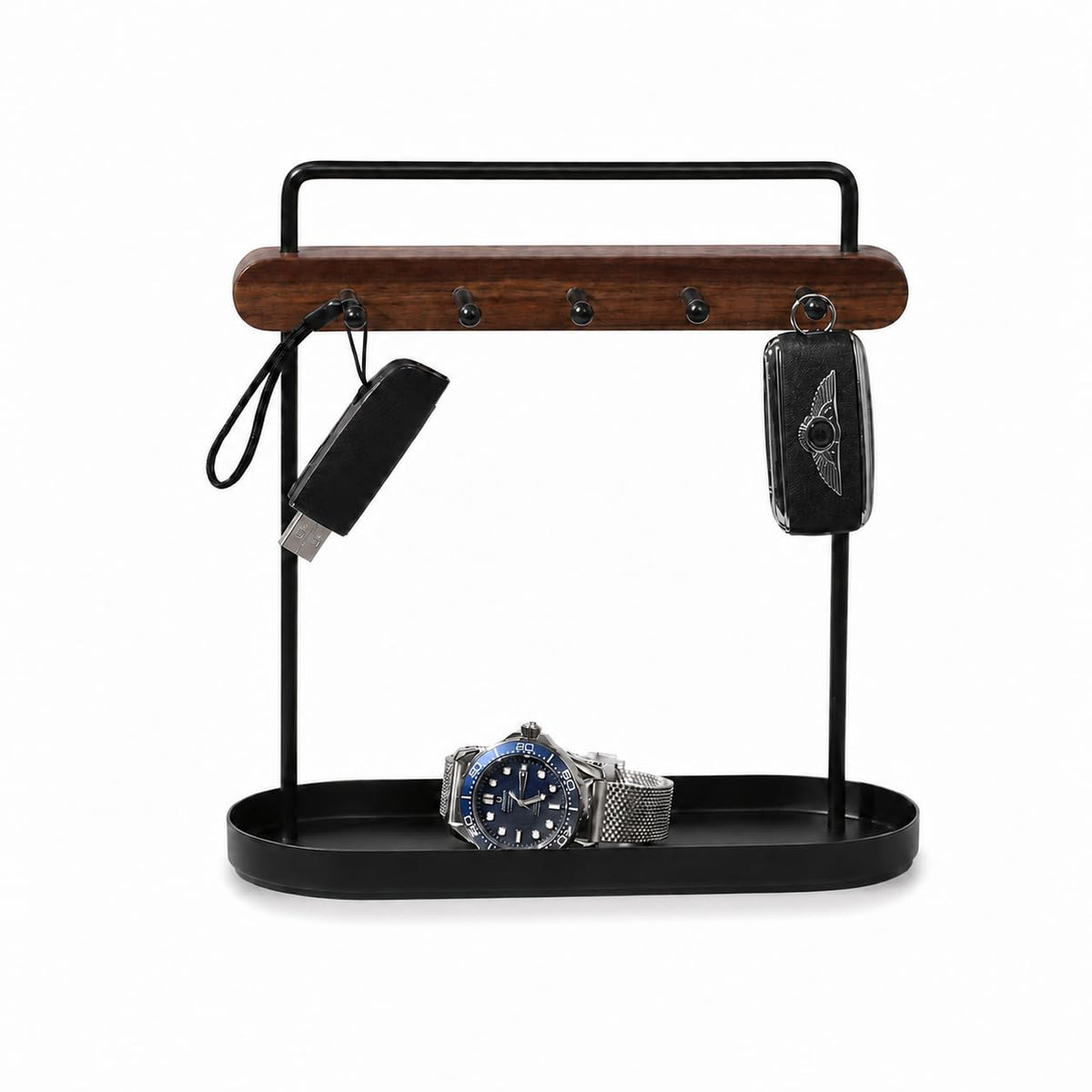 Shinpuru Key Holder Tray, Metal Stand, Walnut Wood Bar with 5 Hooks, Small