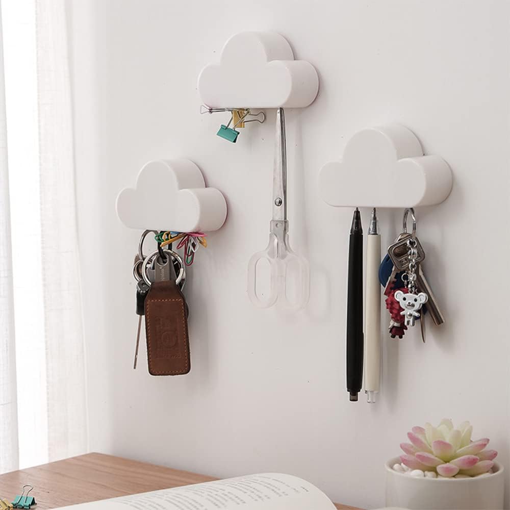 2 Pack Adhesive Key Hanger Organizer Magnetic Key Holders White Cloud Key Ring Keychains Hooks Racks 4 Strong Magnets Decorative Wall Mount Holder Fridge Magnets Wall Door Entryway Kitchen