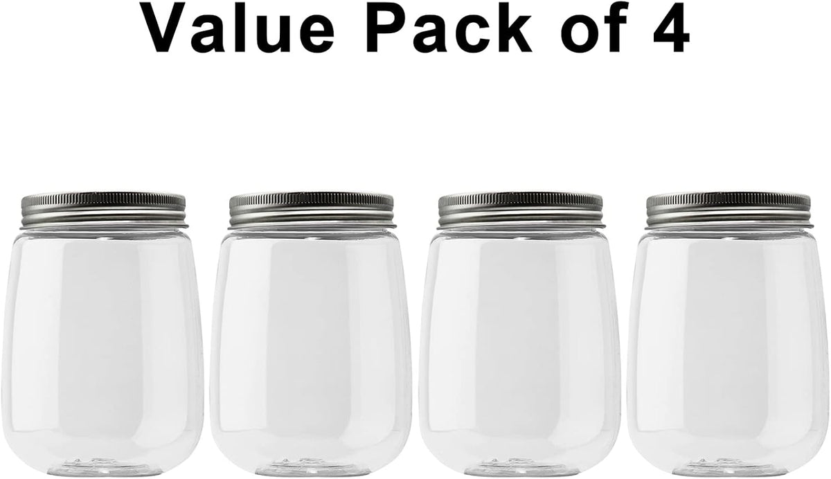 Small Clear Plastic Coin Bank Jars 4-Pack, 16oz with Silver Slotted Lids, Transparent Coin Money Piggy Banks for Adults Teens Kids