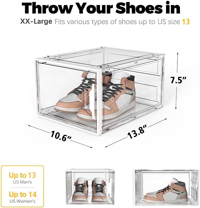 SEE SPRING Clear Shoe Storage Boxes, 6 Pack Stackable Hard Plastic Organizer for Closet Fit Size 14