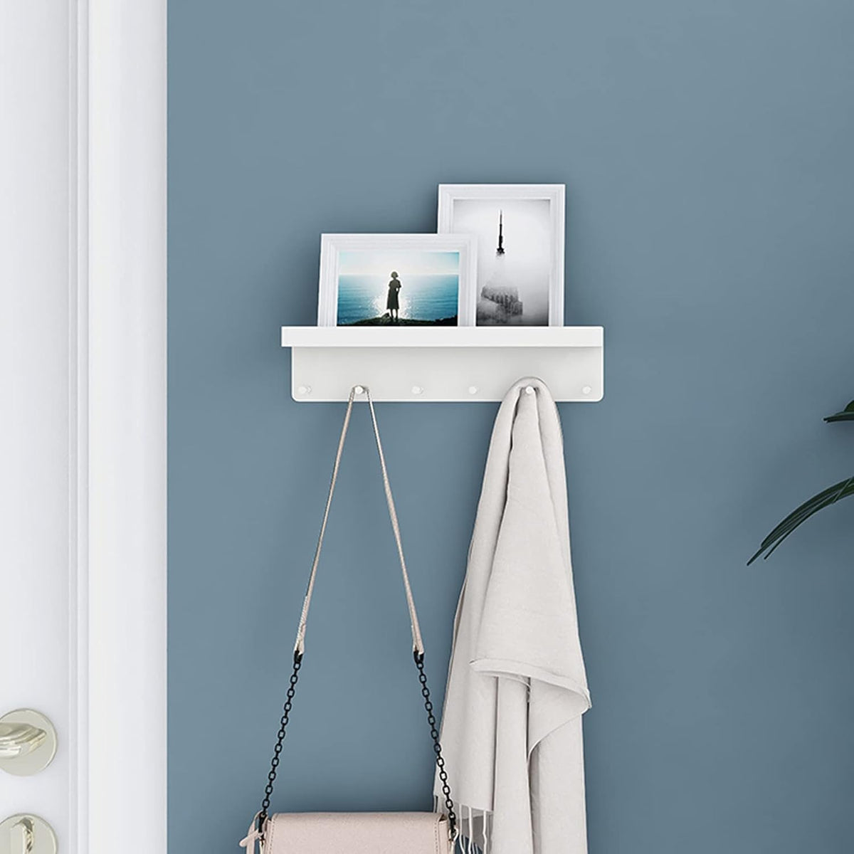 MKO Key Holder Wall Mount, Adhesive Key Hanger with 6 Hooks for Wall, White