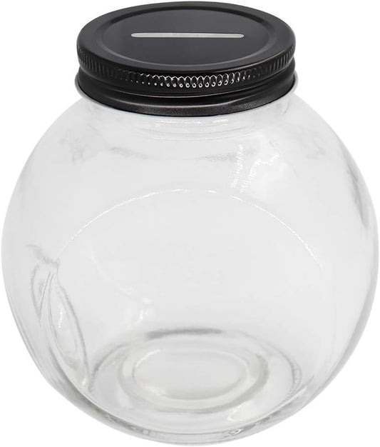 Clear Glass Piggy Bank with Black Slotted Lid, Well Sized Coin Bank, Two Placement Methods Money Tip Coin Jar for Adults