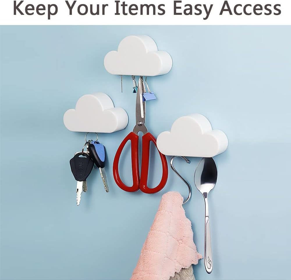 2 Pack Adhesive Key Hanger Organizer Magnetic Key Holders White Cloud Key Ring Keychains Hooks Racks 4 Strong Magnets Decorative Wall Mount Holder Fridge Magnets Wall Door Entryway Kitchen