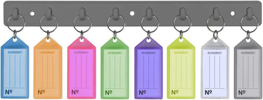 Acrimet Key Tag Rack w/ 8 Keyring Tags (Self-Adhesive Key Storage Rack) (1 Pack) (Assorted Color)