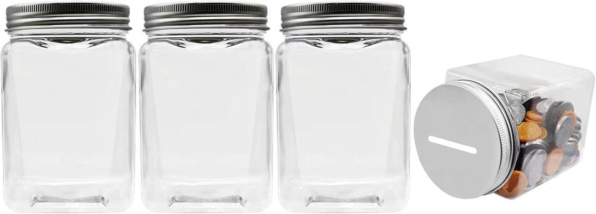 Small Coin Bank Jars 4-Pack, 16oz Clear Plastic Coin Money Tip Coin Mason Jars with Silver Slotted Lids, Small Transparent Plastic Coin Money Piggy Banks Jars for Adults Teens Kids Girls Boys