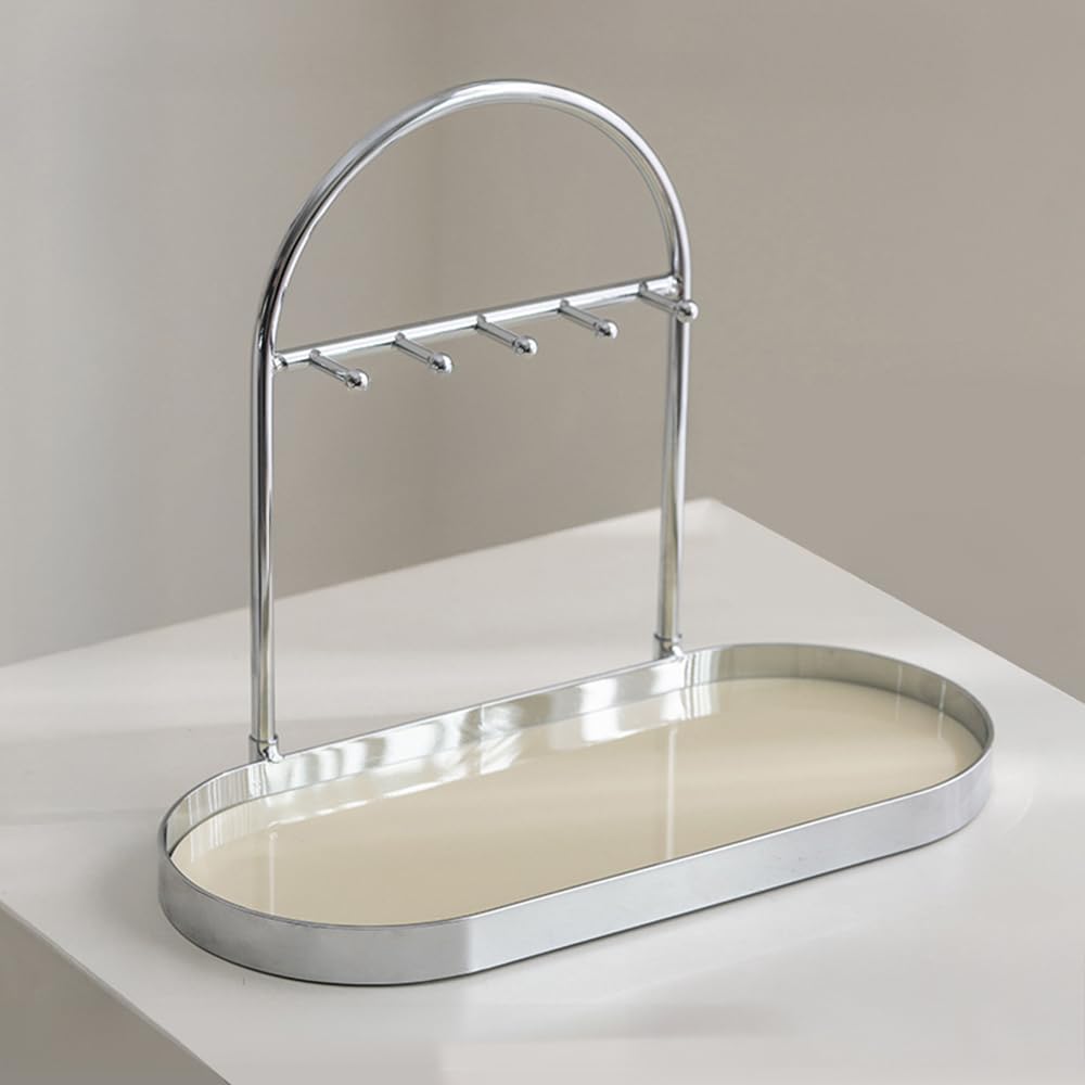 Shinpuru Metal Jewelry Organizer Stand & Key Holder Tray with Acrylic Base, Key Stand and Jewelry Tray with 5 Hooks, Perfect Bowl, Valet, Key Tray, Ring Holder, Jewelry Dish(Matt Black)