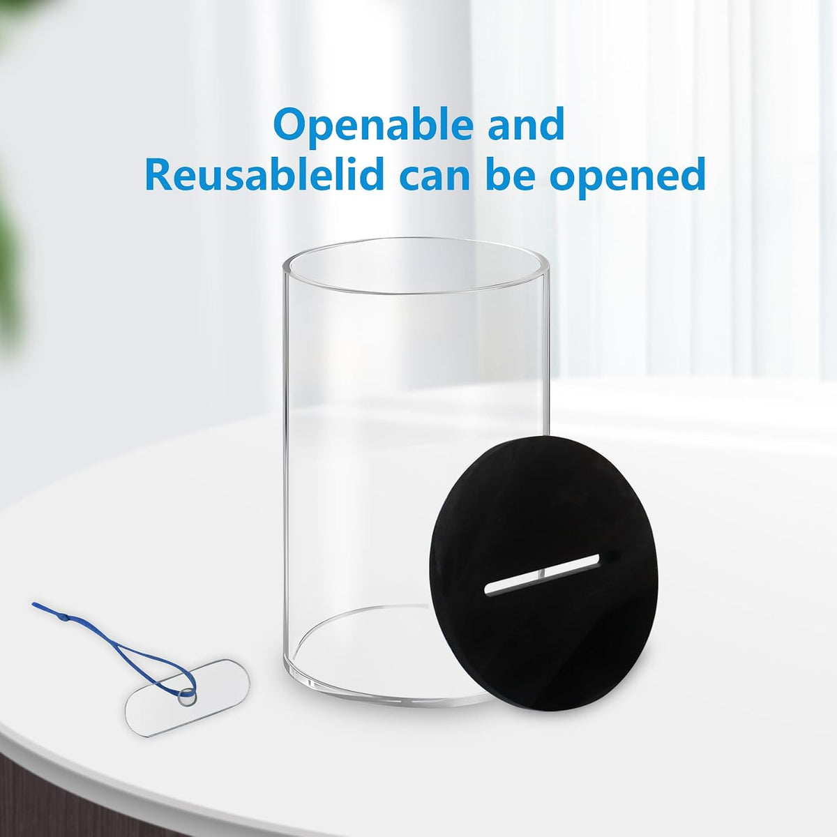 Klmnop Acrylic Piggy Bank, Openable Piggy Bank for Kids with Black Lid, Repeatable Money Saving Jar, Clear Money Jar for Cash Saving(Black 2.8"×4.5")