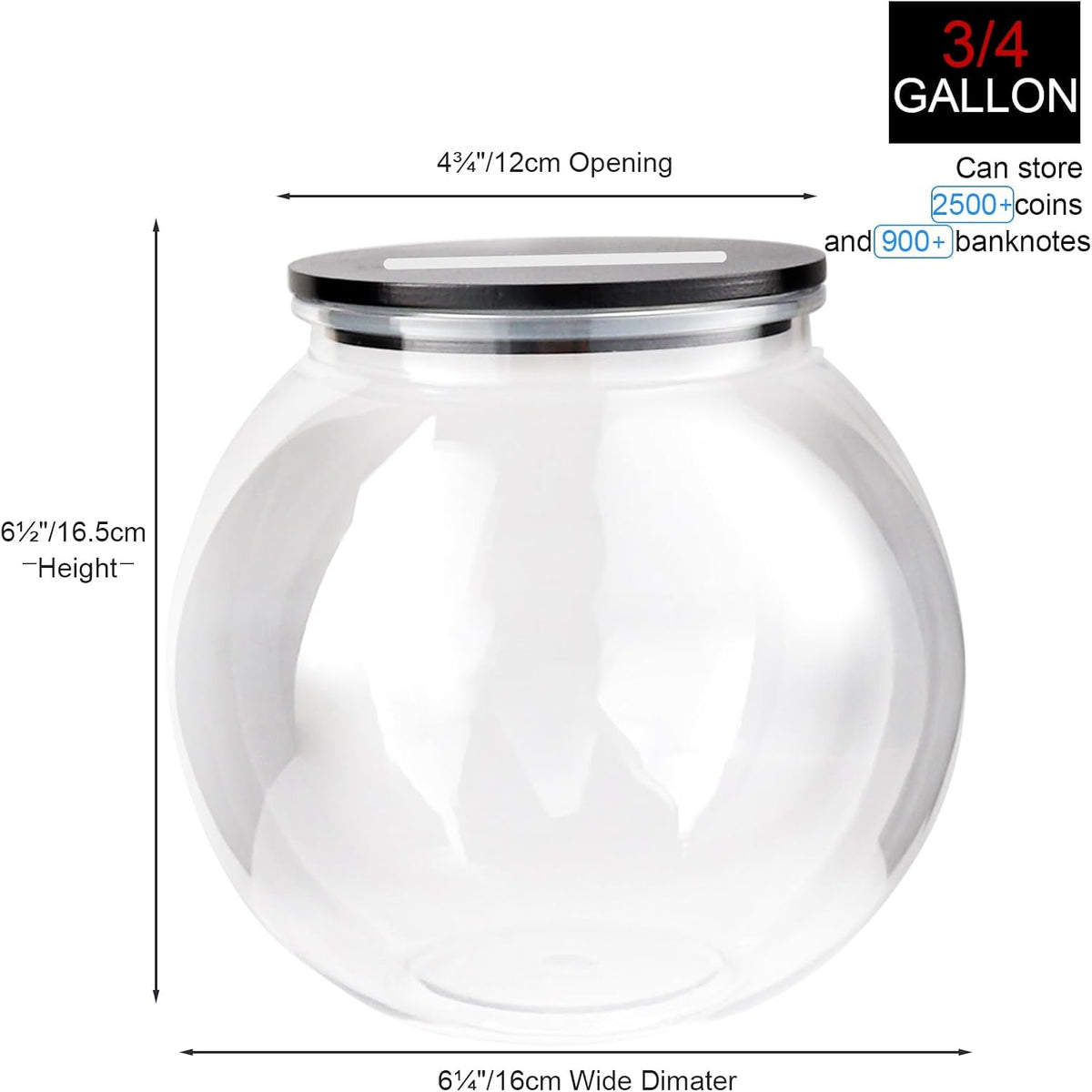 Yamahiko Large Clear Coin Bank Jar with Slotted Lid, 3/4 Gallon Plastic Money Tip Change Savings Coin Jar for Coin or Raffle Ticket, Big Money Coin Tip Piggy Change Bank Box for Adults Teens, Black