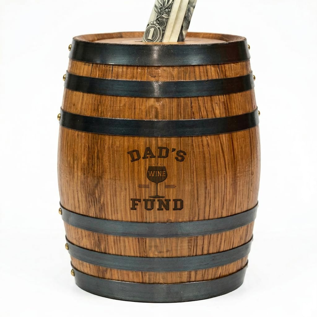 Handmade Wooden Oak Whiskey Barrel Piggy Bank for Adults, Money Saver