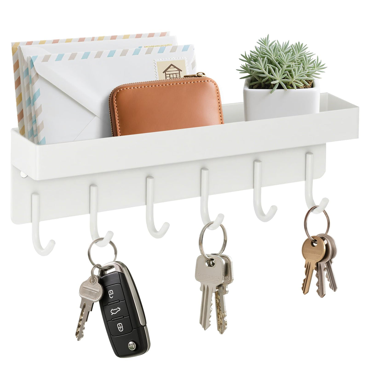 Magnetic Key Holder Wall Mount, Small Key Rack with Tray, White
