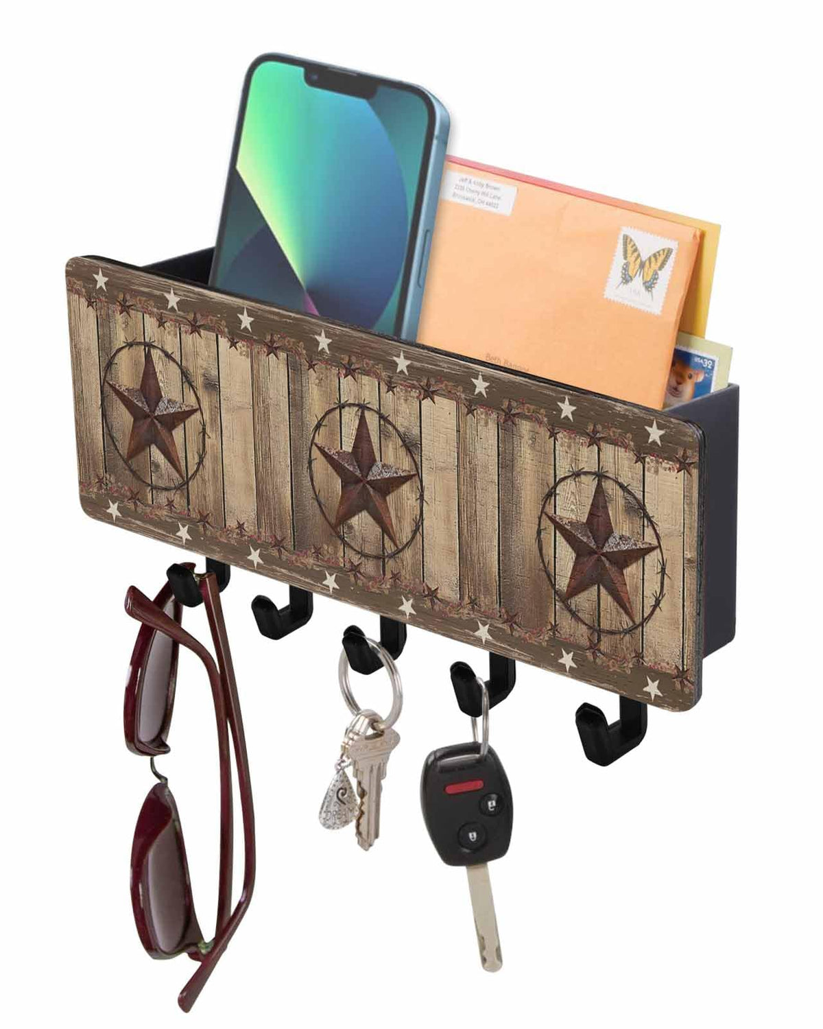 West Texas Star Rustic Key Holder Wall Mount,Teal Green Wood Plank Black Hanging Mail Organizer with 5 Key Hooks Wall Decorative,Adhesive Key Rack with Shelf for Hallway Kitchen Entryway Decor