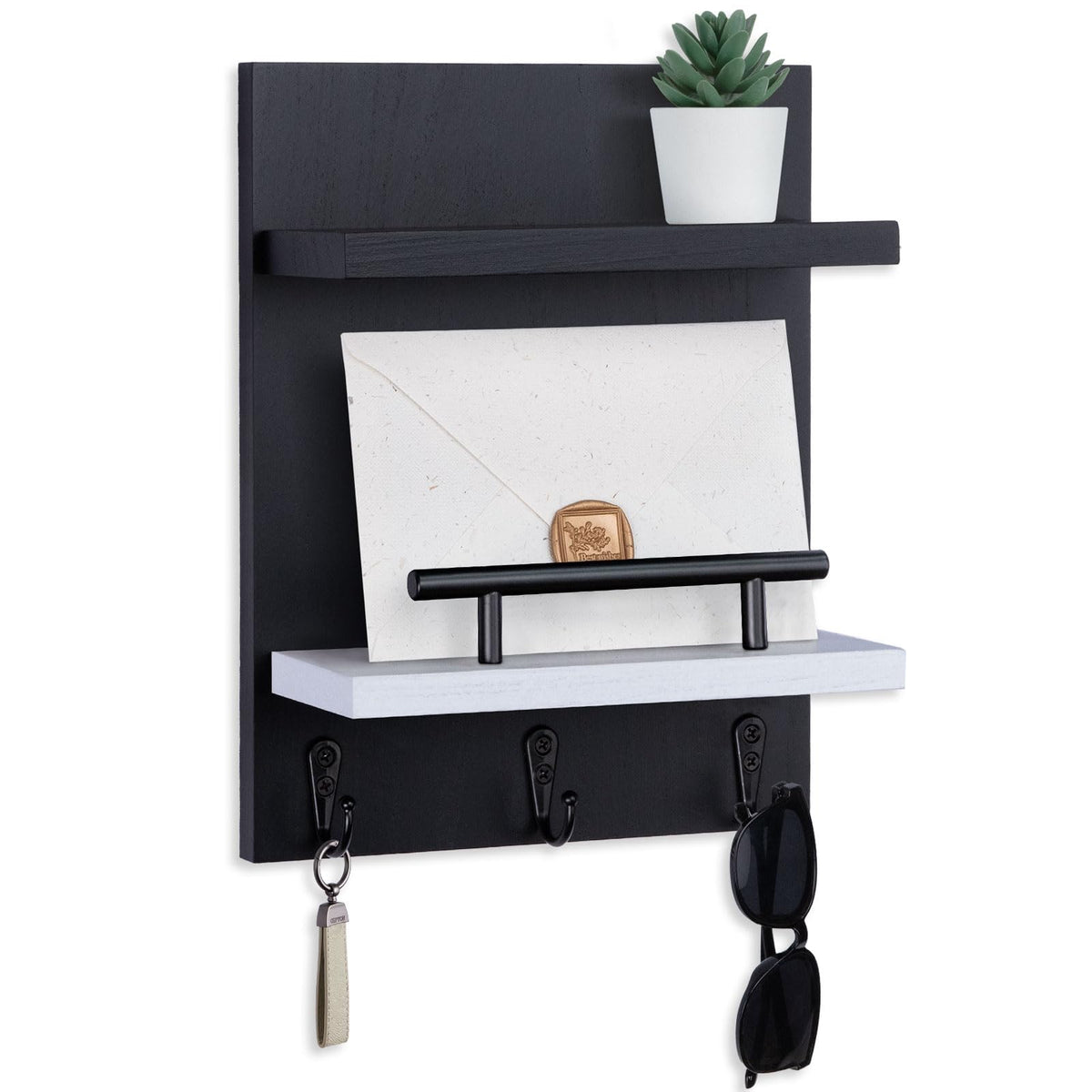Magnetic Key Holder Wall Mount, Mail Shelf Decor with 3 Key Hooks