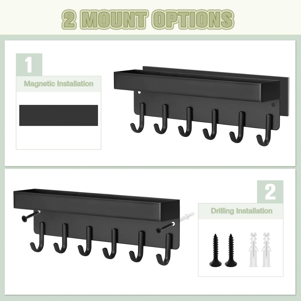 VIS'V Key Holder Wall Mount, Magnetic Key Rack with Tray, 6 Hooks, Black
