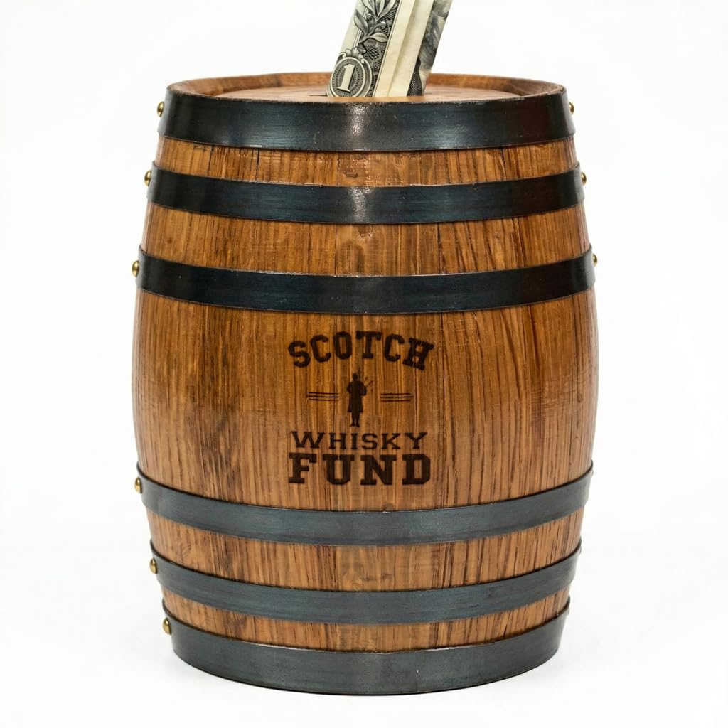 Handmade Wooden Oak Whiskey Barrel Piggy Bank for Adults, Money Saver