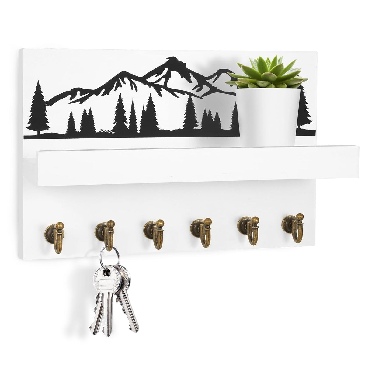 Key Holder for Wall Adhesive, No Damage Small Key Rack with 4 Hooks for Camper, RV or Office, Wooden
