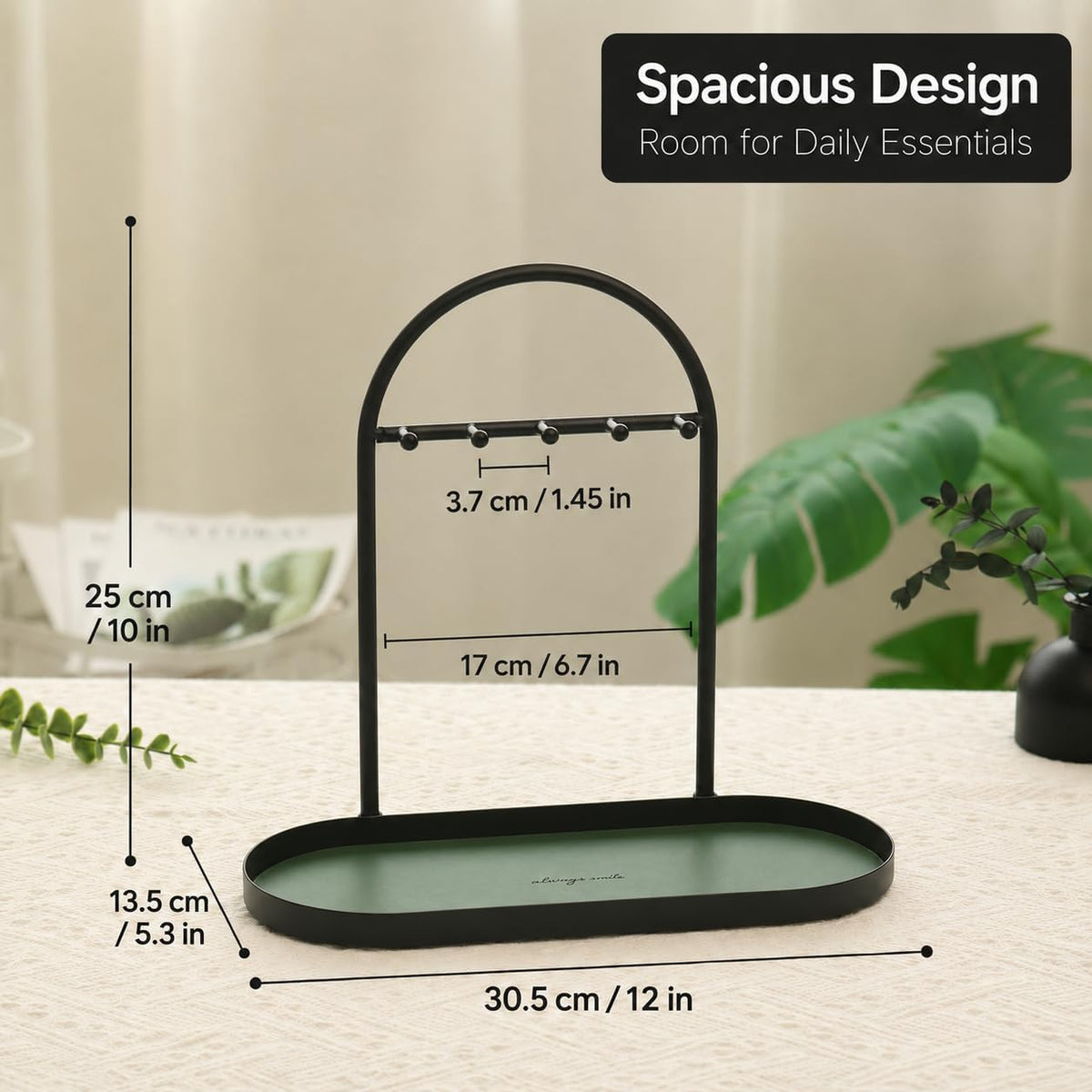 Shinpuru Key Holder Tray, Metal Stand with Leather Tray, 5 Hooks (Green)