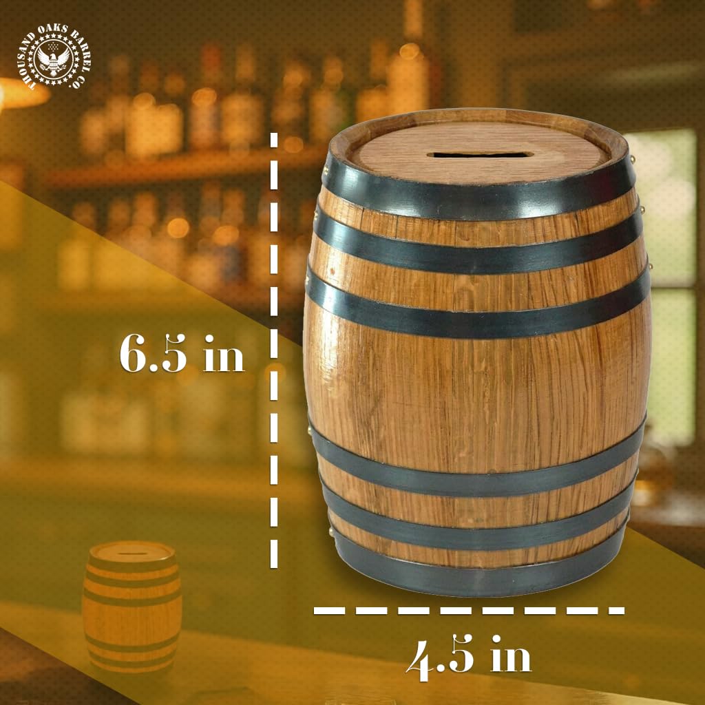 Handmade Wooden Oak Whiskey Barrel Piggy Bank for Adults, Money Saver