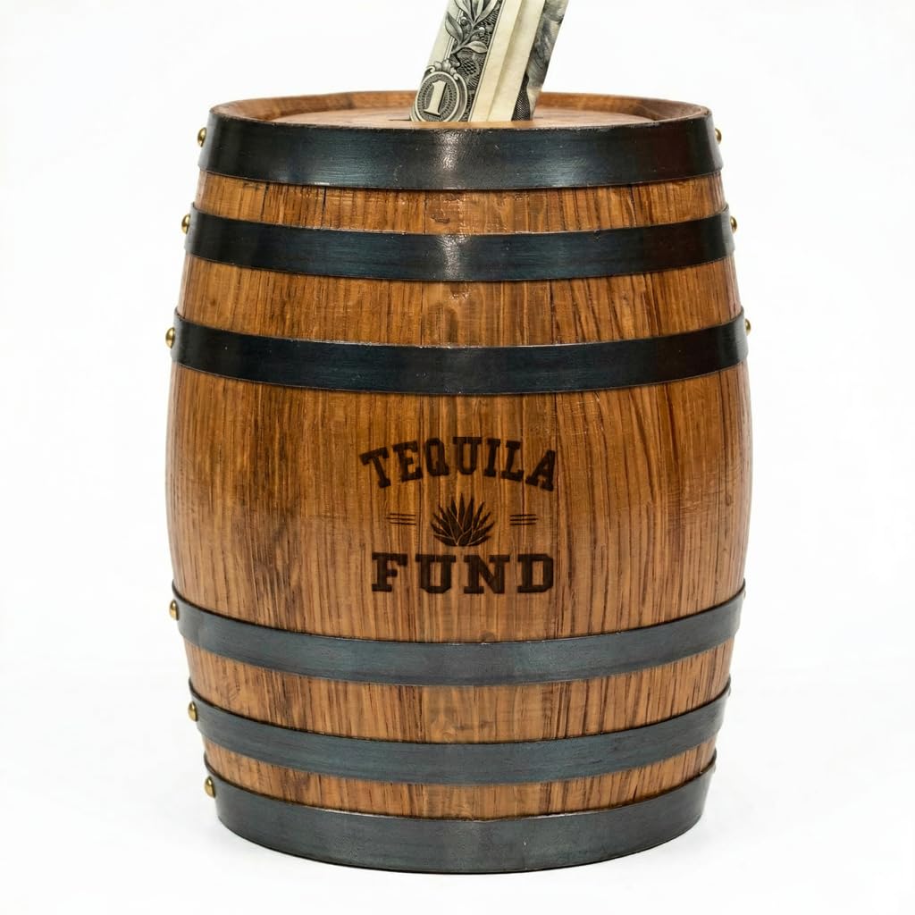 Handmade Wooden Oak Whiskey Barrel Piggy Bank for Adults, Money Saver