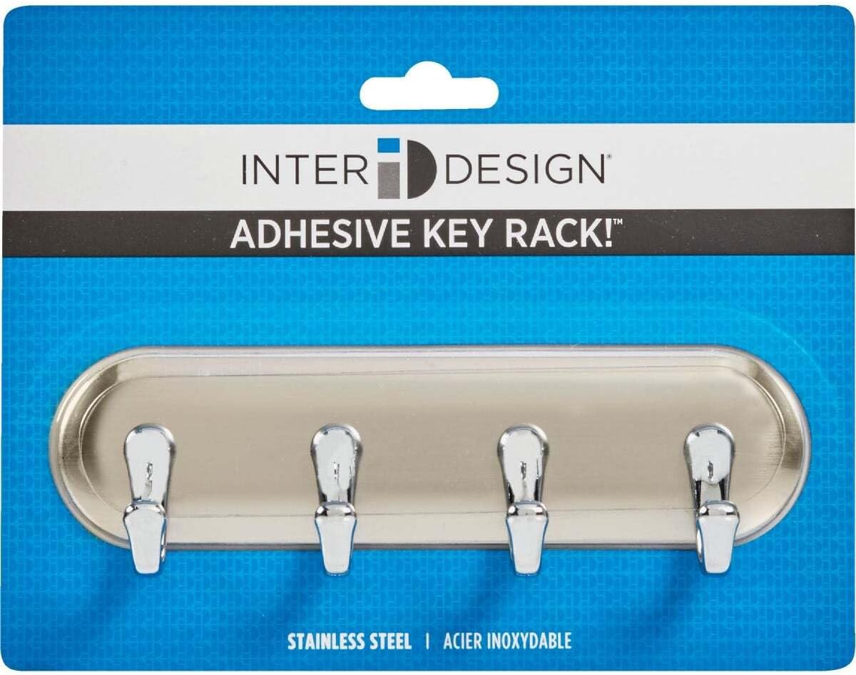 iDesign York Adhesive Backed Key Holder for Wall, 1.5" x 7" x 5.5", Brushed Stainless Steel