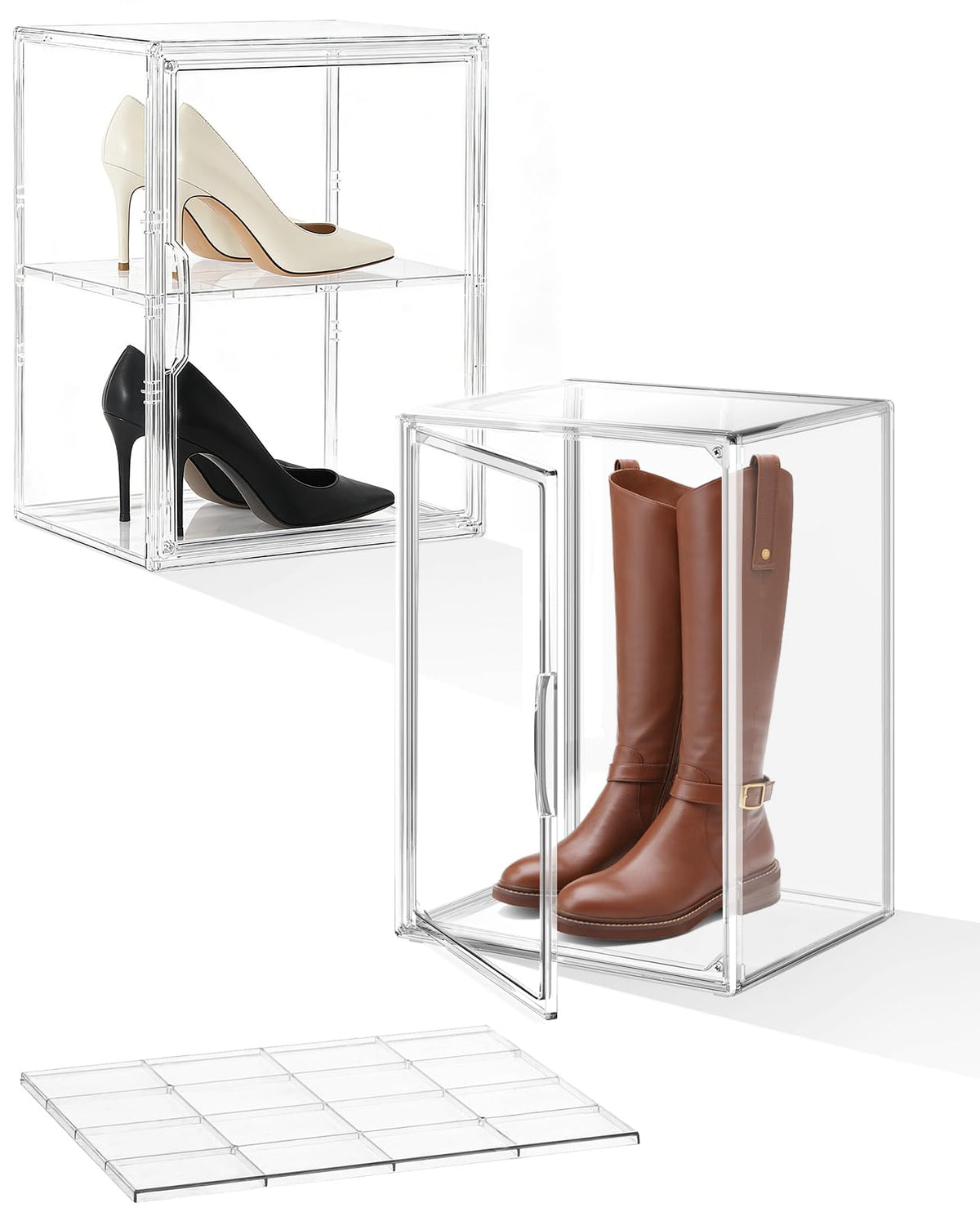 XXX-Large Clear Stackable Acrylic Display with Lid & Magnetic Door - 2-Tier Adjustable Shoe Box Case 11.8'' X 9.8'' X 15.7''Organizer for Boot, Sneakers, Collectibles, Figures, Purses | 1-Pack