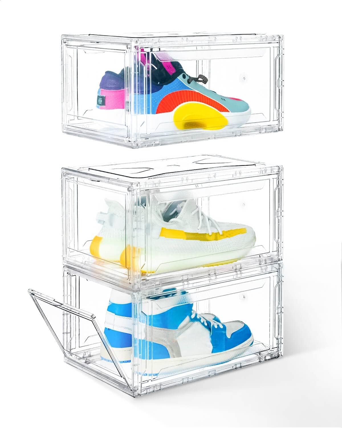 KDOR Clear Plastic Shoe box Organizer, 3 Pack Stackable Sneaker Boxes, Transparent Display Case with Magnetic lid, Tidy Home & Office Closet Storage