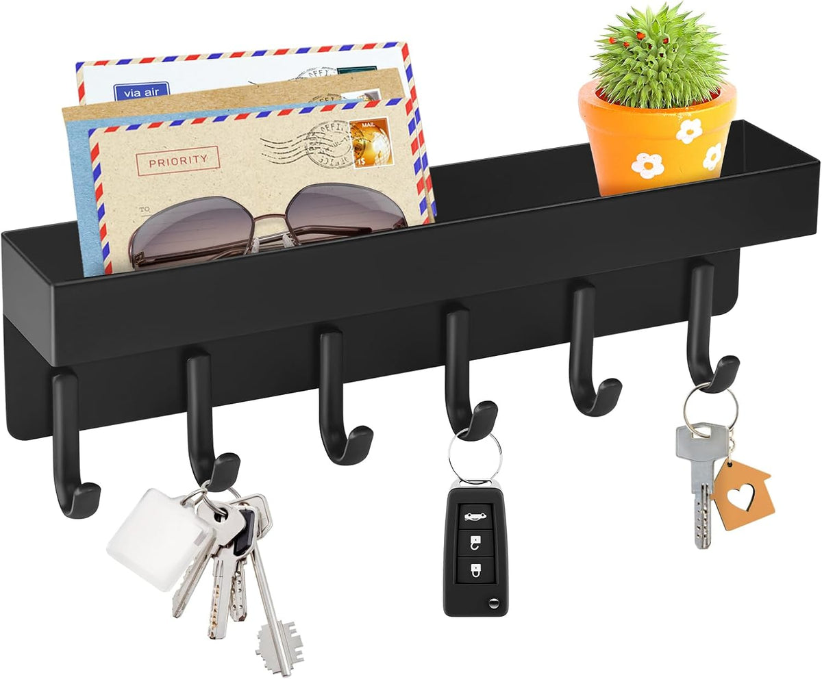 VIS'V Key Holder Wall Mount, Adhesive Key Rack with Tray, 6 Hooks, Black
