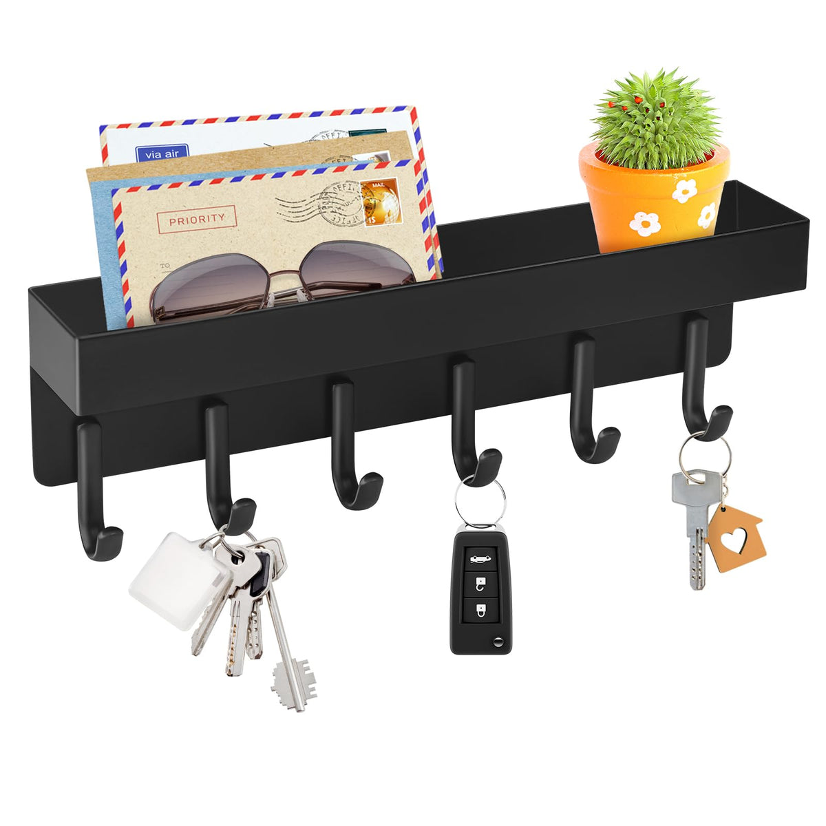 VIS'V Key Holder Wall Mount, Adhesive Key Rack with Tray, 6 Hooks, White