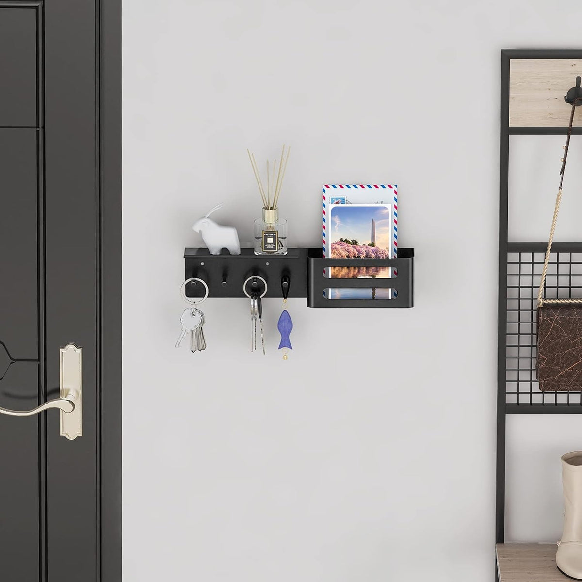 MKO Key Holder Wall Mount, Adhesive Key Hanger with 4 Hooks for Wall, Black