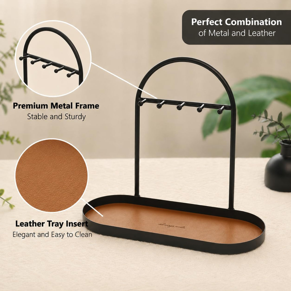 Shinpuru Key Holder Tray, Metal Stand with Leather Tray, 5 Hooks (Brown)