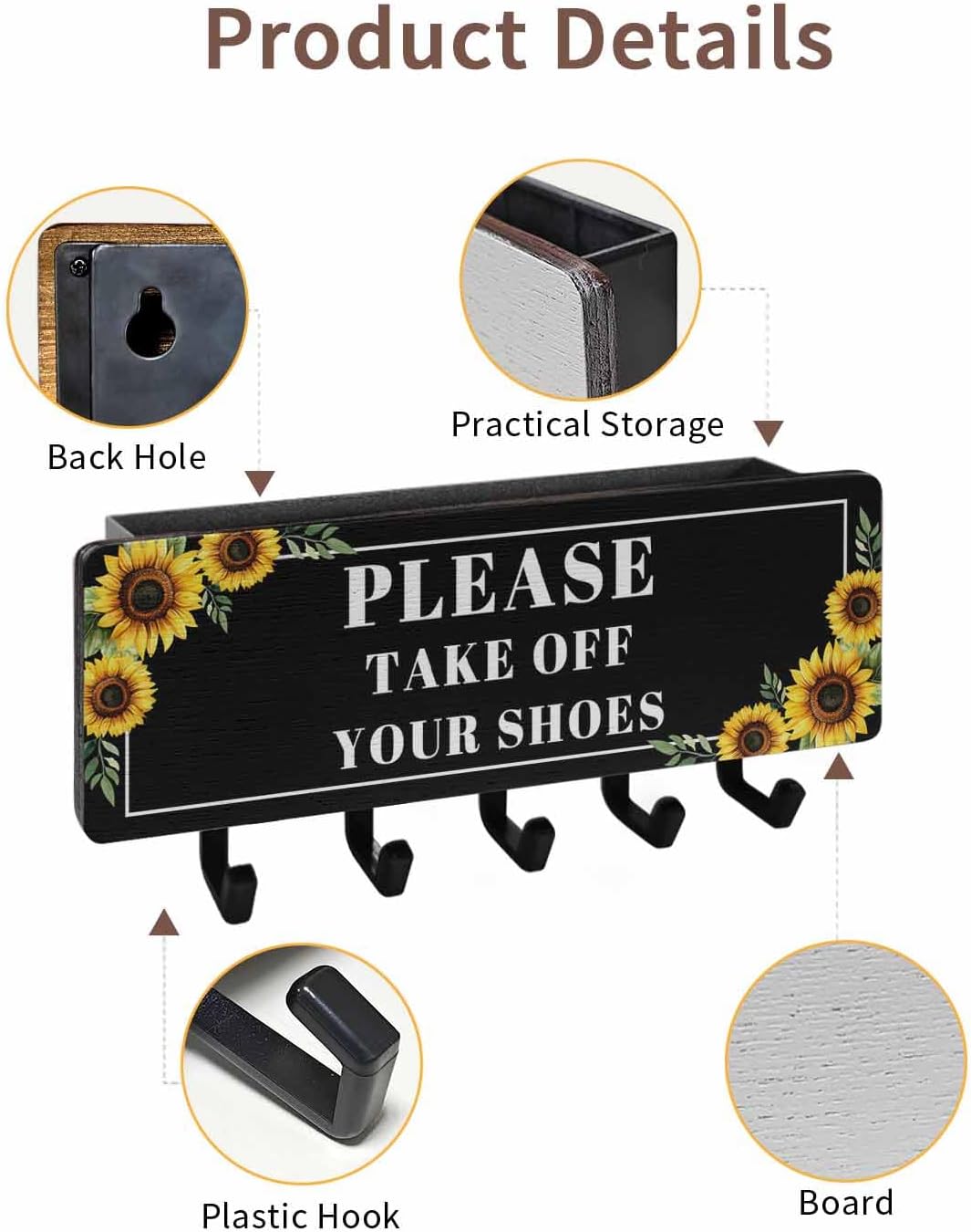 Funny Black Key Holder Wall Mount,Sunflower Leaf Take Off Your Shoes Black Hanging Mail Organizer with 5 Key Hooks Wall Decorative,Adhesive Key Rack with Shelf for Hallway Kitchen Farmhouse Entryway