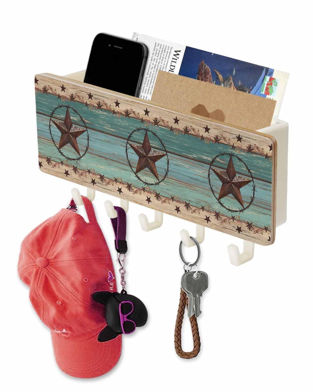 West Texas Star Rustic Key Holder Wall Mount,Teal Green Wood Plank Black Hanging Mail Organizer with 5 Key Hooks Wall Decorative,Adhesive Key Rack with Shelf for Hallway Kitchen Entryway Decor