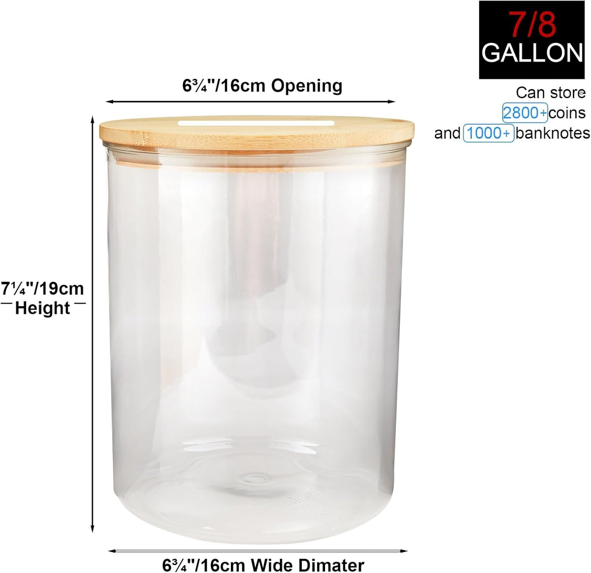 Yamahiko Large Clear Coin Bank Jar with Slotted Lid, 7/8 Gallon Reusable Money Tip Change Savings Coin Jar for Coin or Raffle Ticket, Big Clear Money Coin Tip Piggy Change Bank Box for Adults Teens