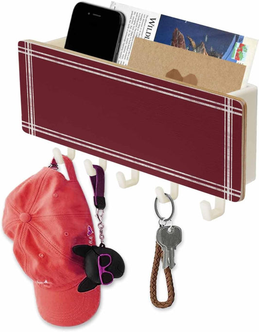 Key Holder Wall Mount Burgundy Red Simple Solid Color Decorative Key Rack with Tray,Minimalist Art Dark Maroon Wooden Mail Organizer Key Hanger with 5 Hooks for Entryway Hallway Kitchen