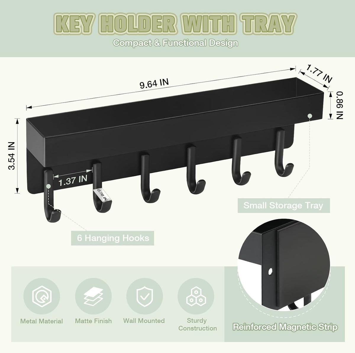 VIS'V Key Holder Wall Mount, Magnetic Key Rack with Tray, 6 Hooks, Black