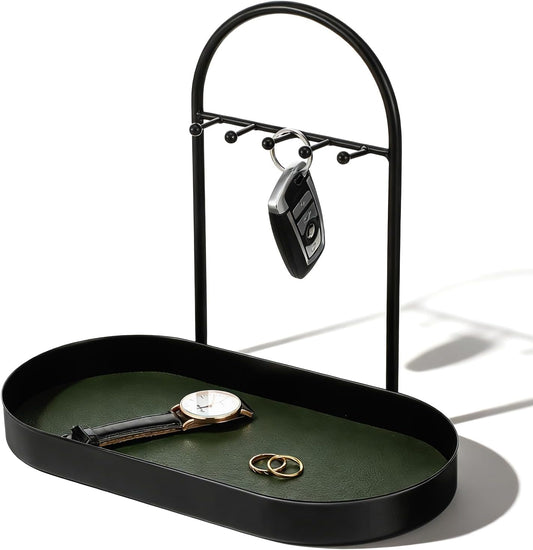 MAQUITA Key Holder Tray & Jewelry Organizer Stand with Acrylic Base, Key Stand and Jewelry Tray with 5 Hooks