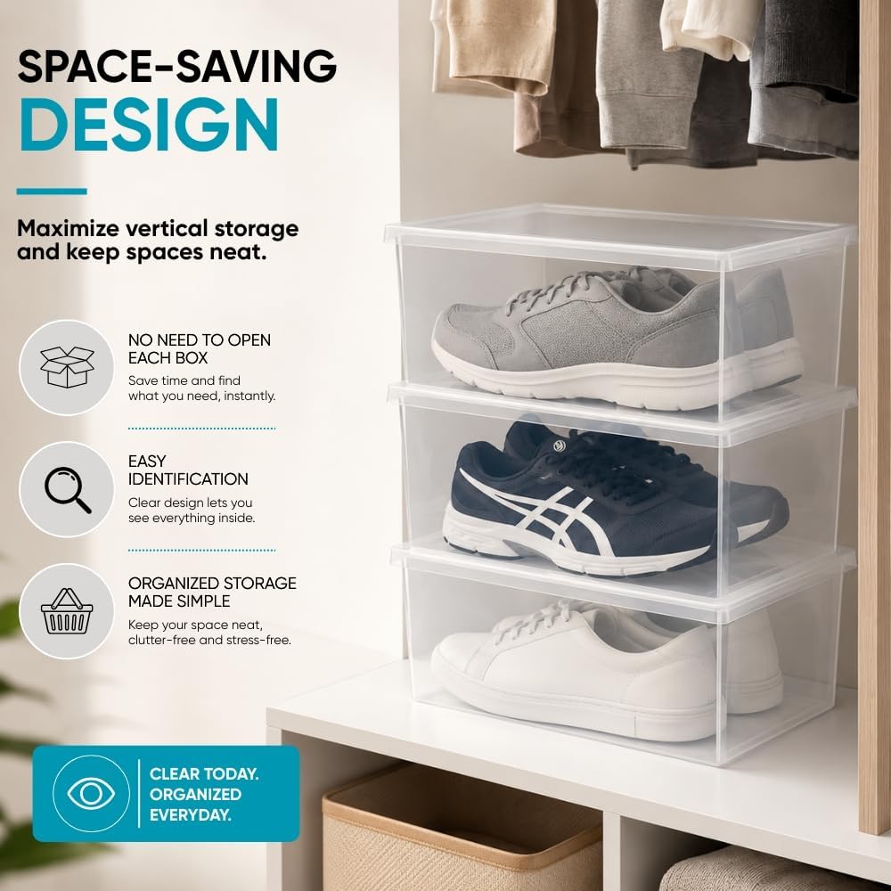Superio Shoe Box Modern Storage Container 3 Pack - 6.5 Quart/6 Liter, Stackable Plastic Shoe Box Organizer (13.5"L x 8.35"W x 5.2"H)