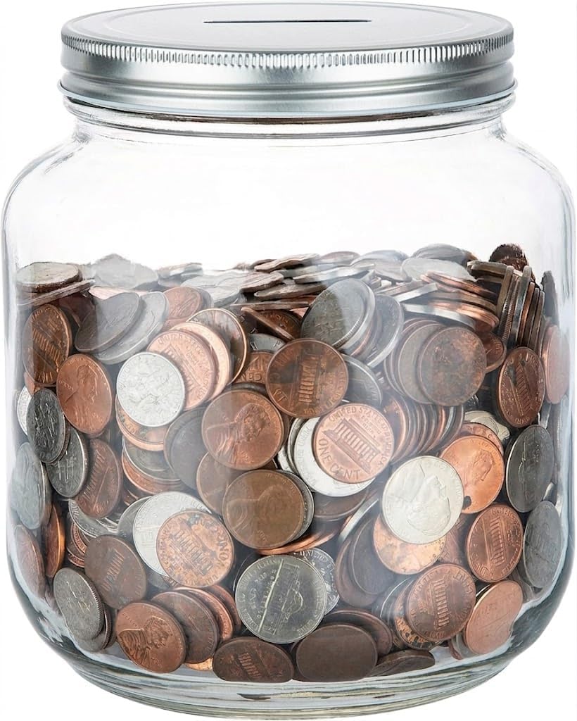 Mason Large Coin Bank Piggy Bank with Slotted Silver Lid – 1 Gallon Glass Jar Holds $3,000 in Quarters – Tip Jar, Donation Holder, Raffle Collector – Made in USA