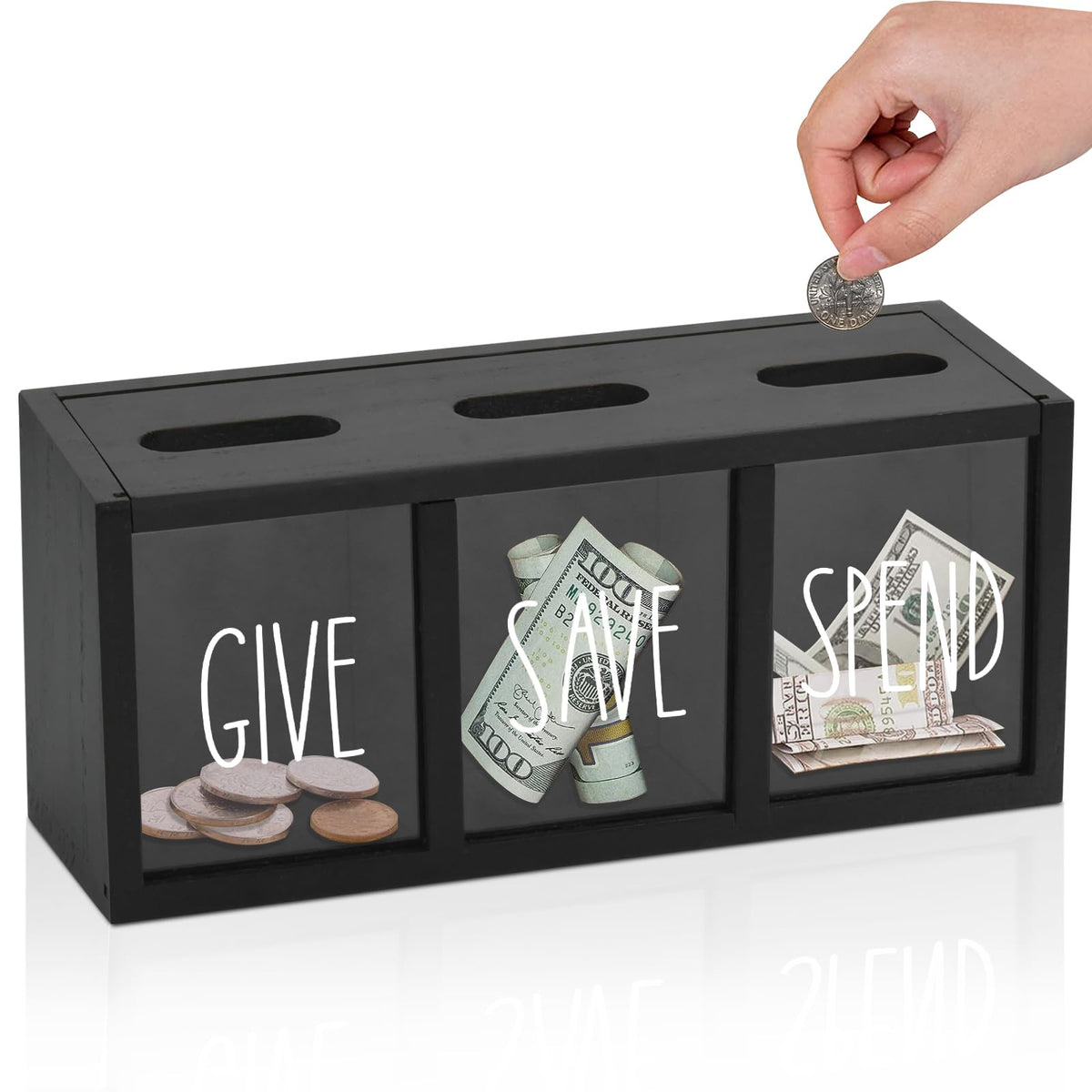 2 Pcs Piggy Bank for Kids Girls Boys, Wooden Give Save Spend Bank for Money Saving Box, Rustic Coin Banks for Adults, Change Coin Jar for Piggy Bank Toy, Early Ideas for Kids