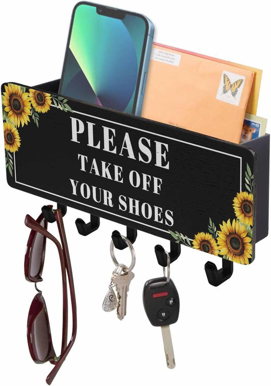 Funny Black Key Holder Wall Mount,Sunflower Leaf Take Off Your Shoes Black Hanging Mail Organizer with 5 Key Hooks Wall Decorative,Adhesive Key Rack with Shelf for Hallway Kitchen Farmhouse Entryway