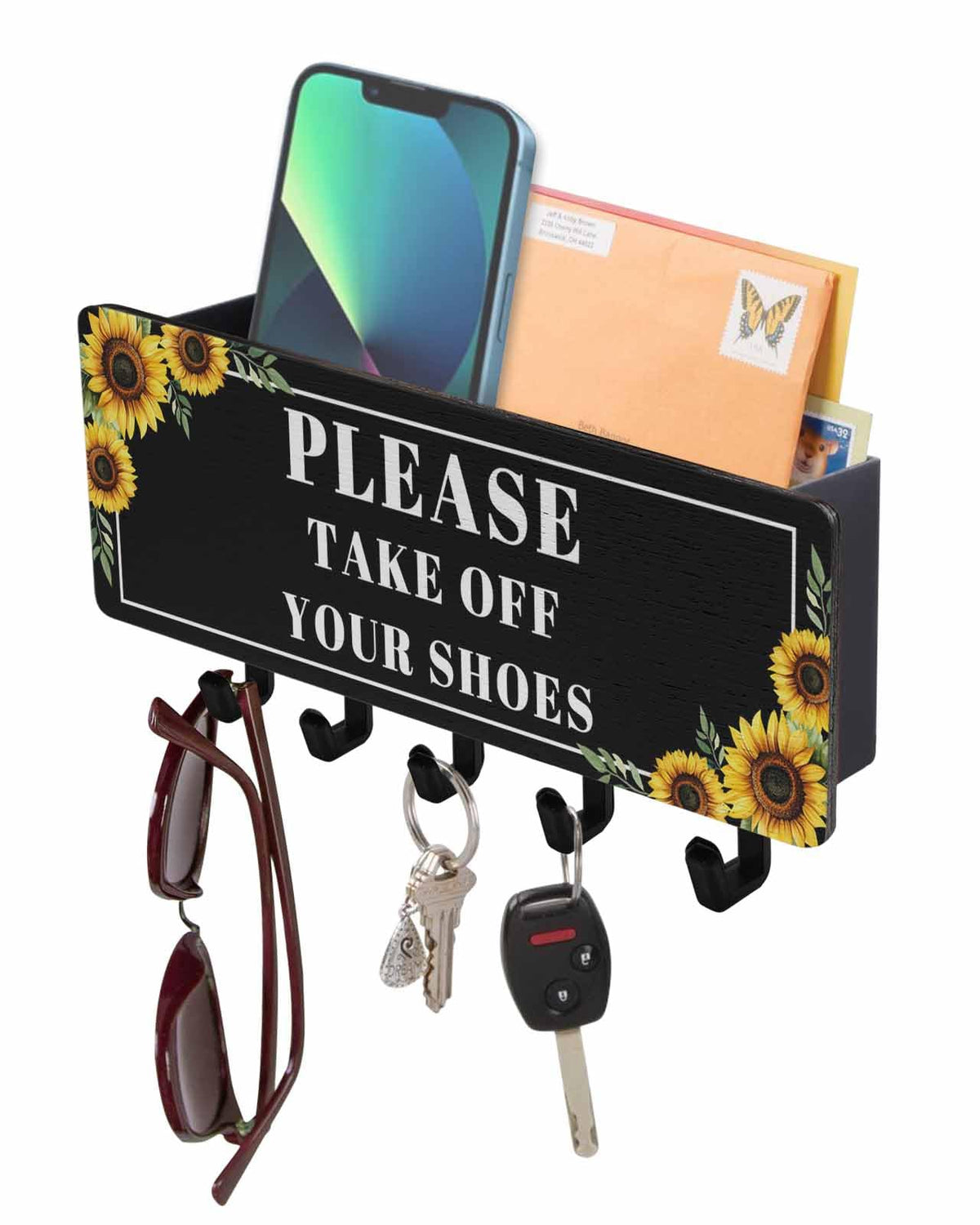 Funny Black Key Holder Wall Mount,Sunflower Leaf Take Off Your Shoes Black Hanging Mail Organizer with 5 Key Hooks Wall Decorative,Adhesive Key Rack with Shelf for Hallway Kitchen Farmhouse Entryway