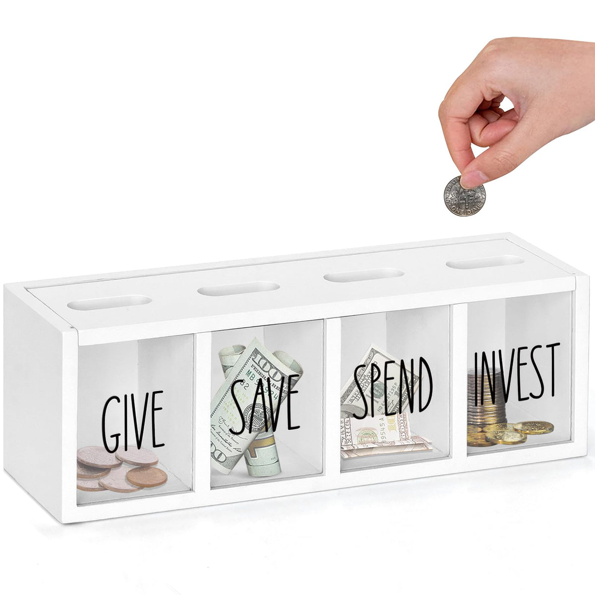 2 Pcs Piggy Bank for Kids Girls Boys, Wooden Give Save Spend Bank for Money Saving Box, Rustic Coin Banks for Adults, Change Coin Jar for Piggy Bank Toy, Early Ideas for Kids