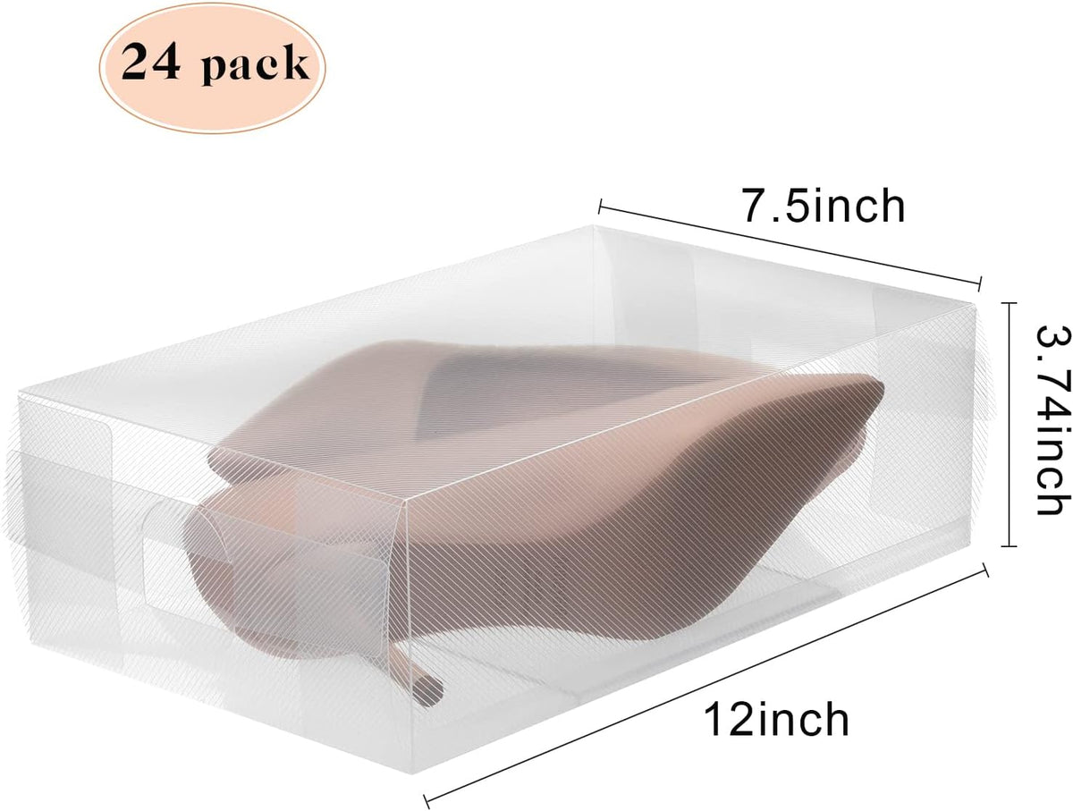 Sawysine 24 Pcs Shoe Box Clear Plastic Stackable Shoe Storage Organizer Foldable Heavy Duty Containers for Closet Apartments Small Spaces Dorm Bedroom (12 x 7.5 x 3.7 Inches)