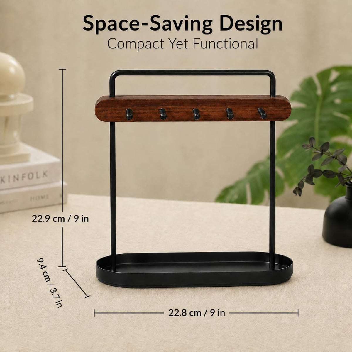 Shinpuru Key Holder Tray, Metal Stand, Walnut Wood Bar with 5 Hooks, Small