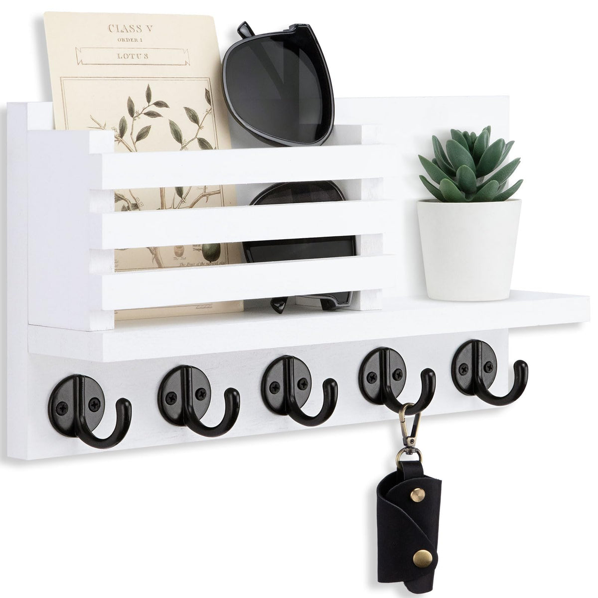 Lwenki Key Holder for Wall – Decorative Wooden Mail Holder and Key Shelf with Mounting Hardware, Installation Guide – Paulownia Wood with Metal Key Hooks (Brown, Large - 11.8inch)