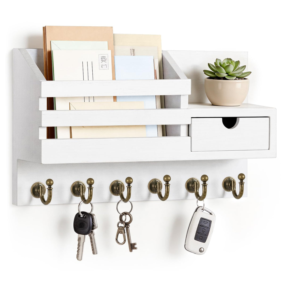 FifthQuarter Key Holder Wall Mount with Drawer and 6 Sturdy Hooks, A-Black
