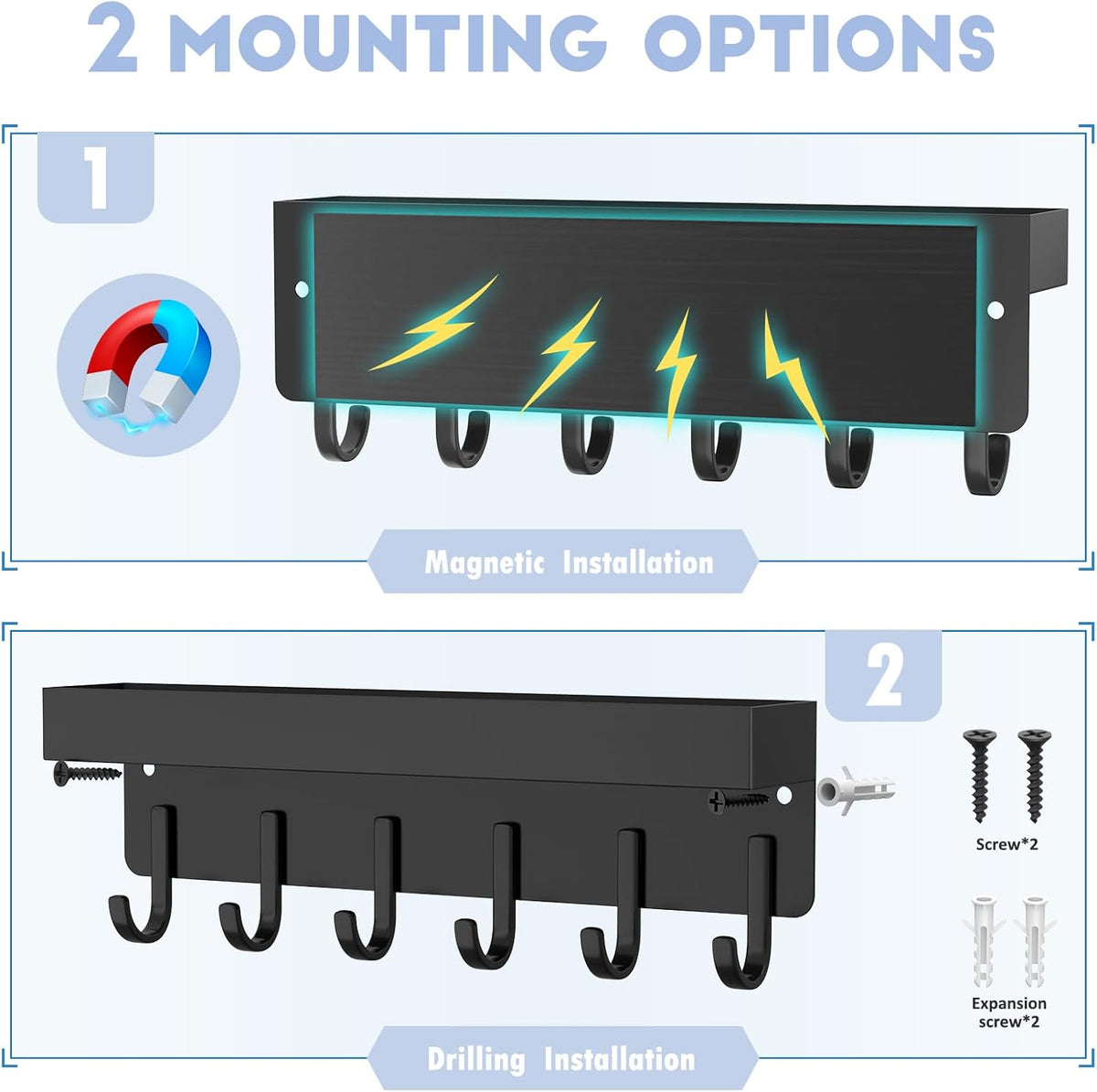 Magnetic Key Holder, Wall Mount Key Rack with Shelf, 9.65 in, Black