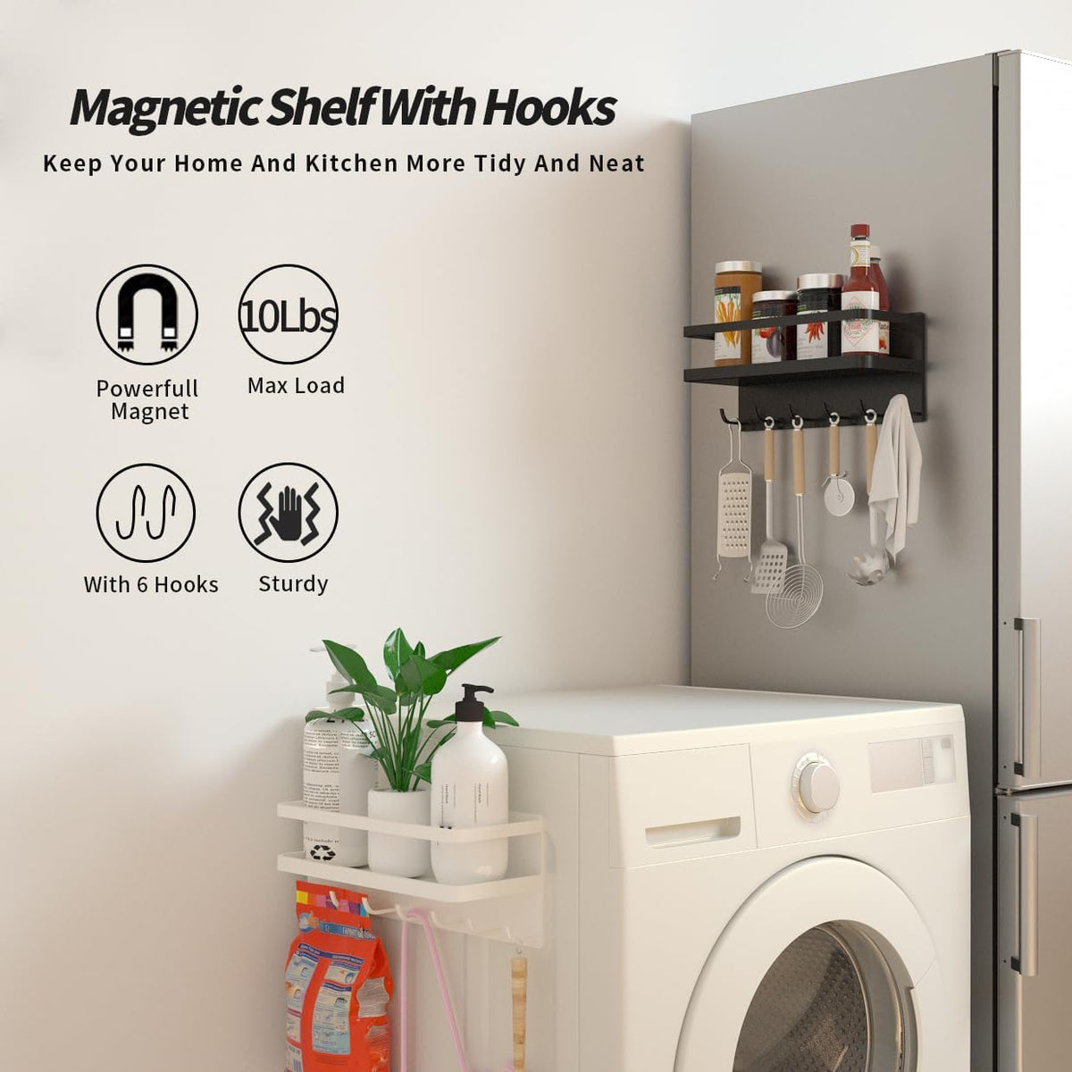 Magnetic Key Holder with Tray and Hooks, Steel Shelf for Keys, Letters, Coats, Office or Kitchen Use (Black, Medium)